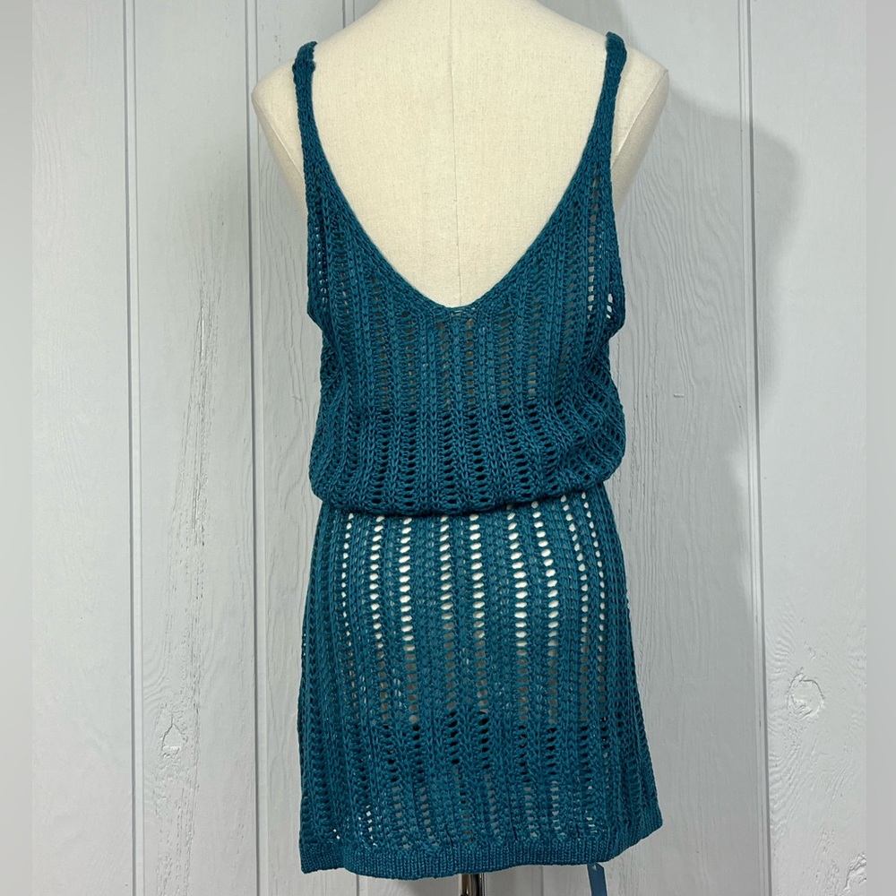 CUPSHE Teal Crochet Knit V-Neck Blouson Mini Cover-Up Dress Medium NWT - Picture 2 of 5